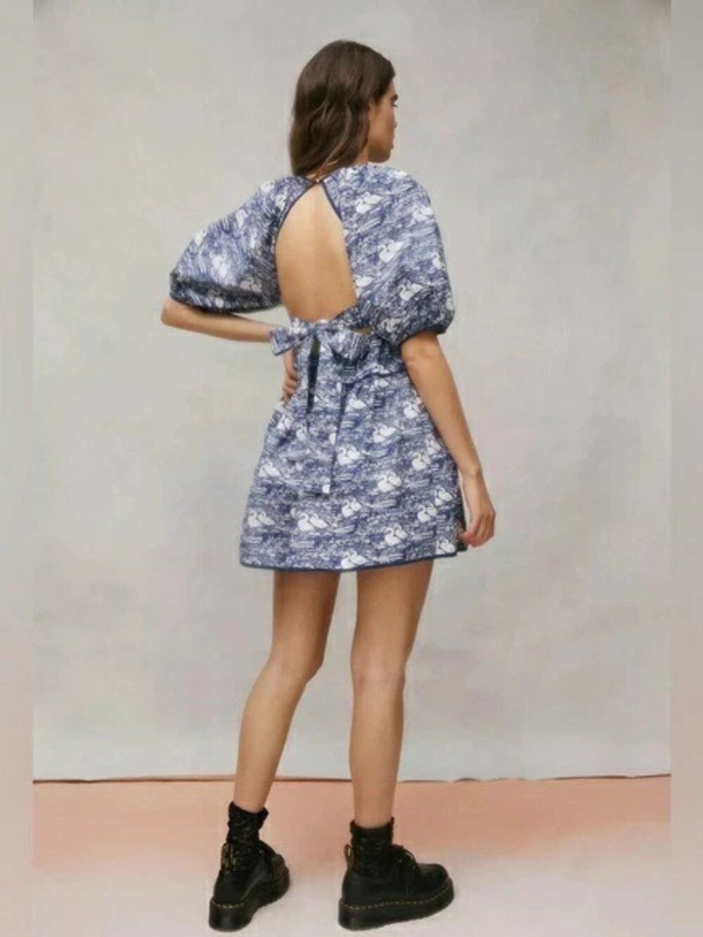 Laura Ashley x Urban Outfitters S Bella Tiered Mini Dress Puff Sleeve Blue Swans
